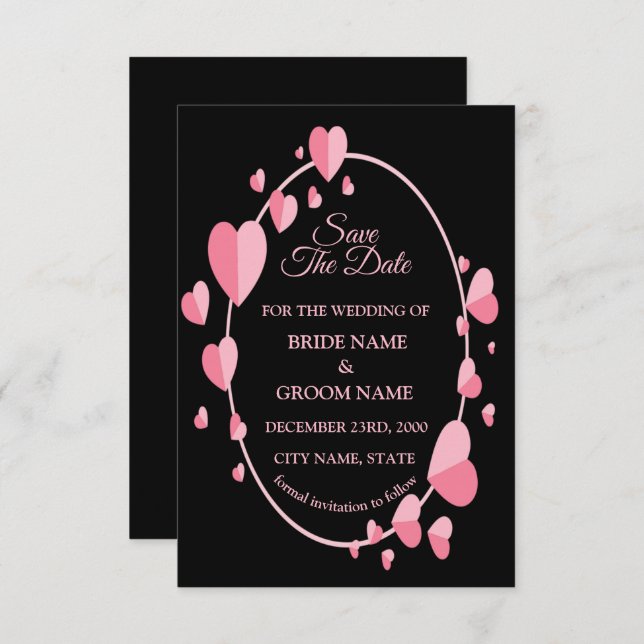 Pink Heart Pattern Black Geometric Elegant Wedding Spara Datumet (Fram/baksida)