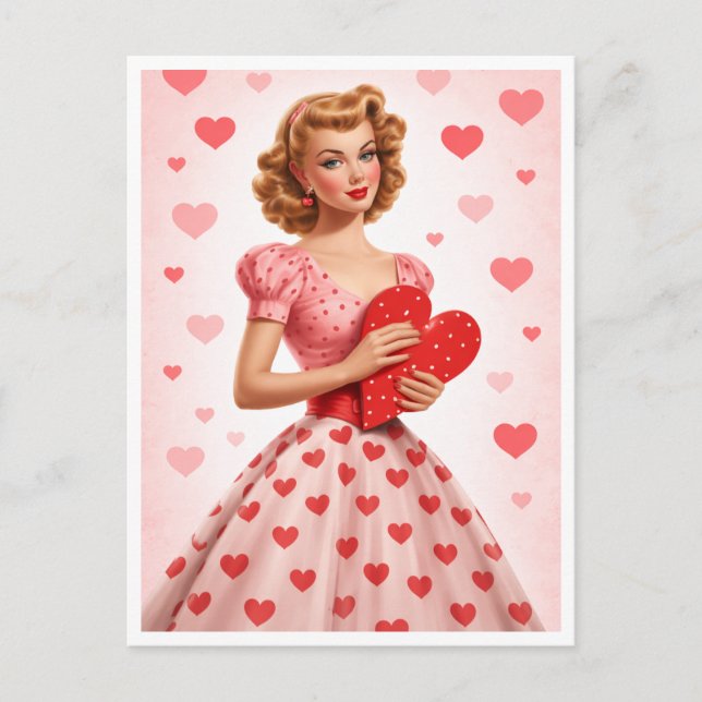 Pink Heart Retro Love Design Postcard Helg Vykort (Framsida)