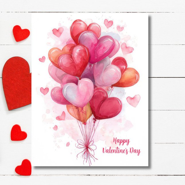 Pink Heart Shaped Balloons Valentine`s Day Card  Vykort (Skapare uppladdad)