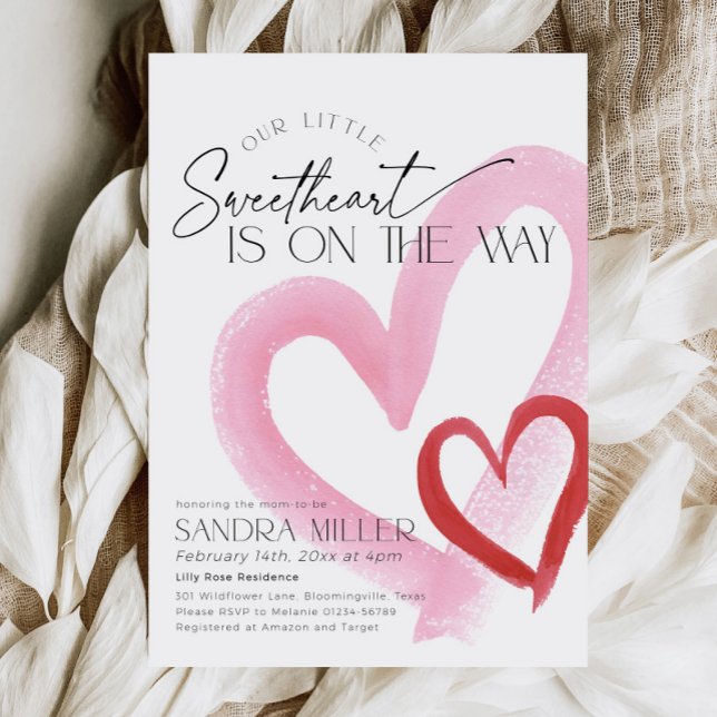 Pink Heart Valentine Little Sweetheart Baby Shower Inbjudningar (Little Sweetheart Baby Shower invitation for valentines day)