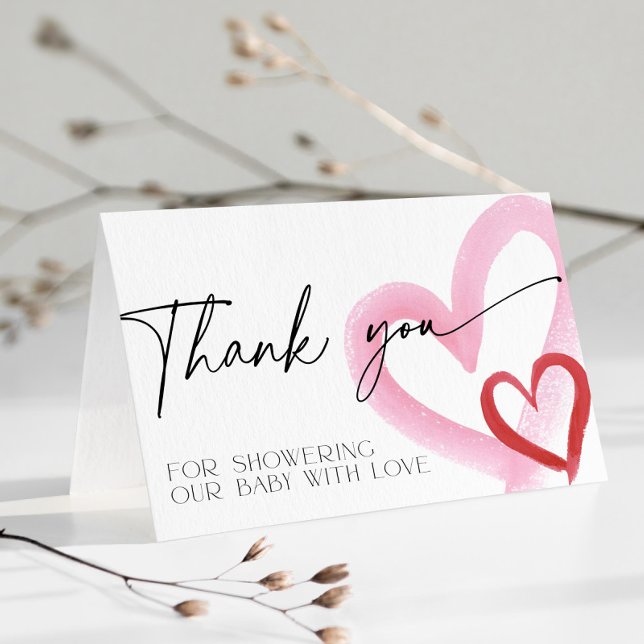Pink Heart Valentines Baby Shower Thank You Tack Kort (Valentines Thank you card for Baby Shower)
