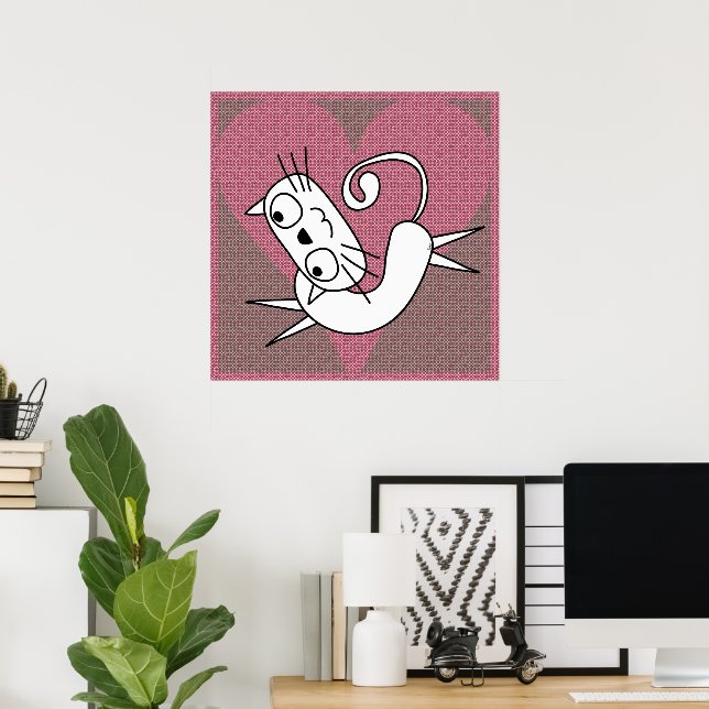 Pink Heart White Kitty Print Poster (Hemmakontoret)