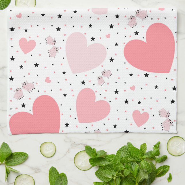 Pink hearts and piggy kökshandduk (Vikta)
