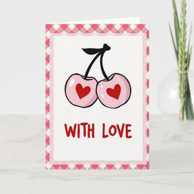 Pink Hearts Cherries Love Card Kort (Framsida)