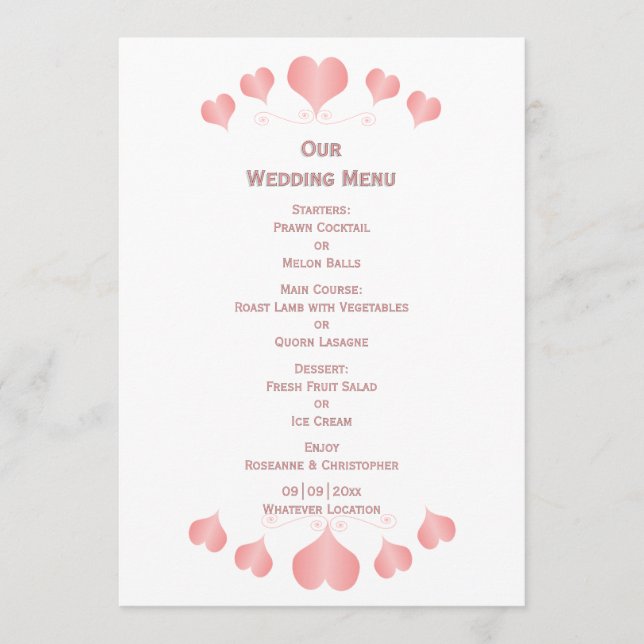 Pink Hearts Design Wedding Meny (Framsida)