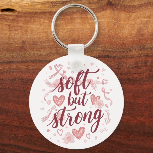 Pink Hearts Empowering "Soft But Strong" Graphic Nyckelring (Framsida)