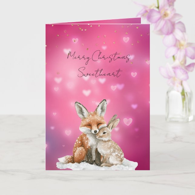Pink Hearts Fox Bunny Glitzy Sweetheart Christmas Kort (Orkide)