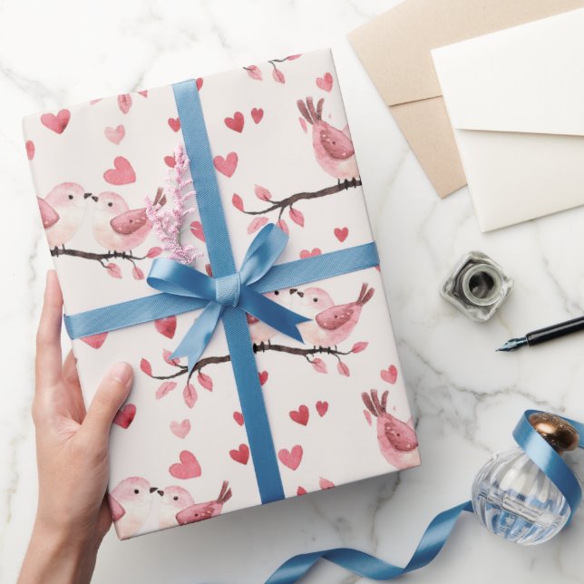 Pink Hearts Love Birds Valentine's Day Wedding Presentpapper (Gifting)
