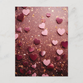 pink hearts on a pink and golden glitter ground vykort