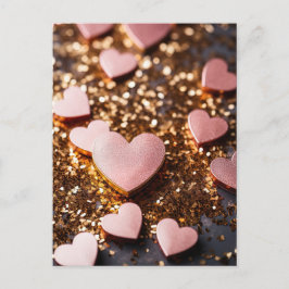 pink hearts on golden glitter ground for valentine vykort