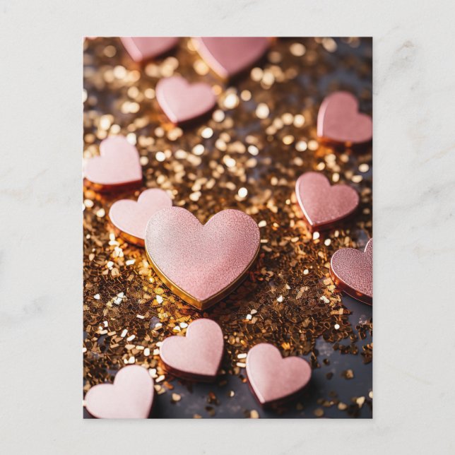 pink hearts on golden glitter ground for valentine vykort (Framsida)