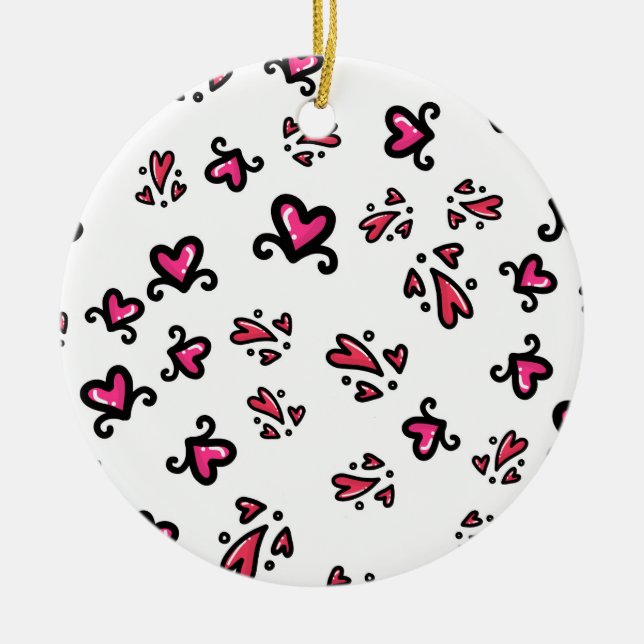 Pink Hearts Pattern – Cute Doodle Design Julgransprydnad Keramik (Framsidan)