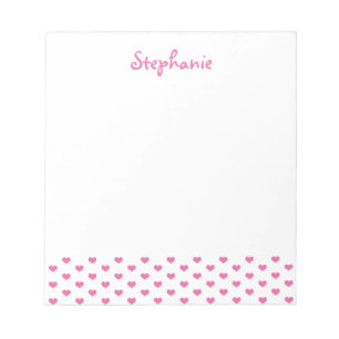 Pink Hearts Pattern on White Girly Name Anteckningsblock