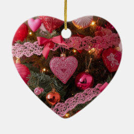 Pink Hearts Red Bulbs on a Romantic Valentine Tree Julgransprydnad Keramik