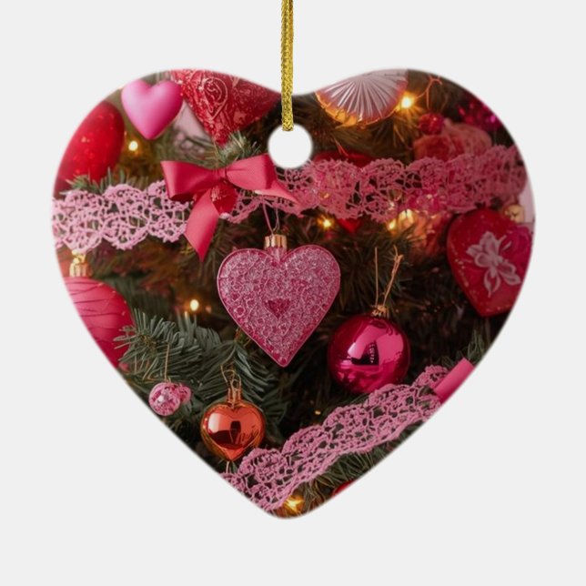 Pink Hearts Red Bulbs on a Romantic Valentine Tree Julgransprydnad Keramik (Baksidan)