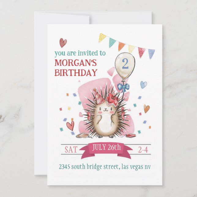 Pink Hedgehog Children's Birthday Invitation Inbjudningar (Framsida)
