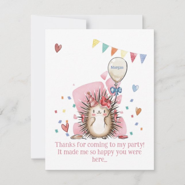 Pink Hedgehog Children's Birthday Thank You Tack Kort (Framsida)