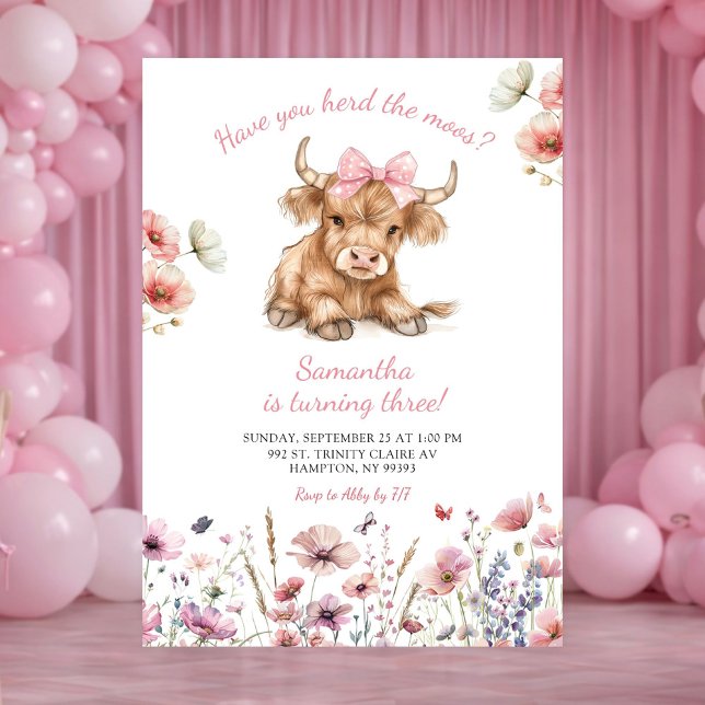 Pink Heifer Bull Floral Birthday Invitation Inbjudningar (Skapare uppladdad)