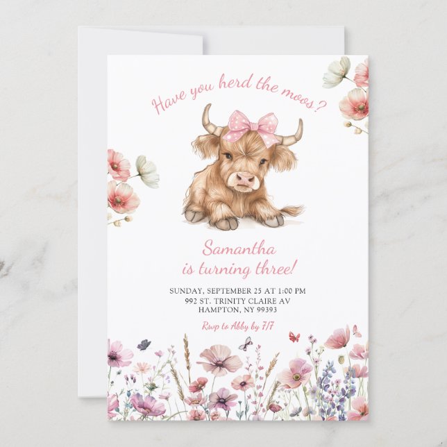 Pink Heifer Bull Floral Birthday Invitation Inbjudningar (Framsida)