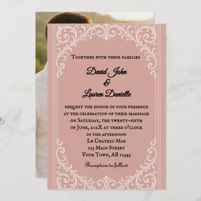 Pink Heirloom Photo Wedding Invitation Inbjudningar (Fram/baksida)