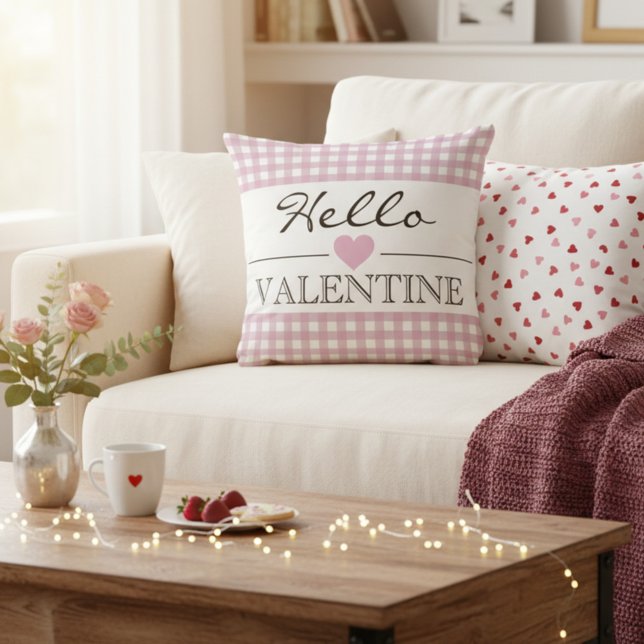 Pink Hello Valentine Plaid Gingham Kudde (Skapare uppladdad)