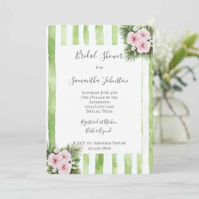 Pink Hibiscus Floral Green Stripes Bridal Shower Inbjudningar (Stående Fram)
