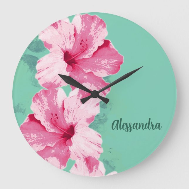 Pink Hibiscus Tropical Teal Clock Stor Klocka (Framsida)