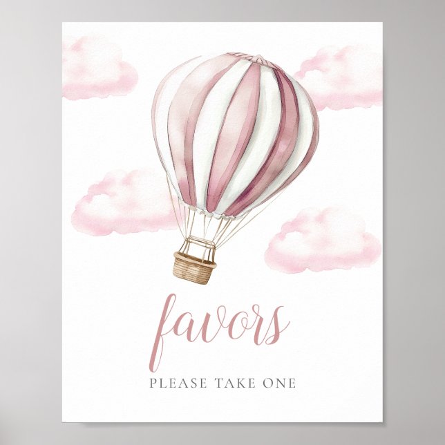 Pink Hot Air Balloon Baby Shower Favors Sign Poster (Framsidan)