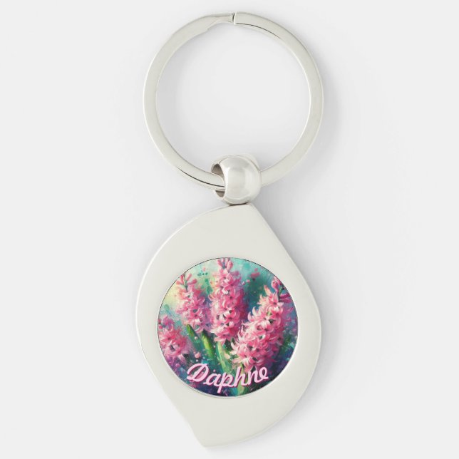 Pink Hyacinths Hyacinth Floral Personalized Swirl Silverfärgad Nyckelring (Framsidan)