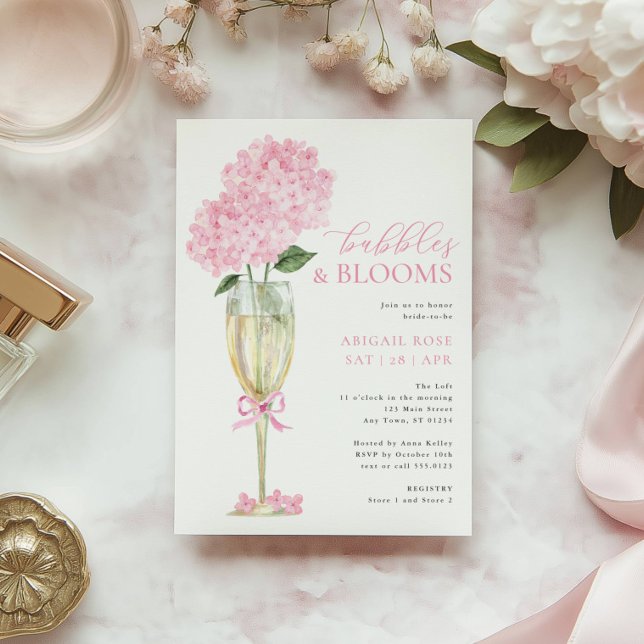 Pink Hydrangea Bubbles and Blooms Champagne Glass Inbjudningar (Skapare uppladdad)
