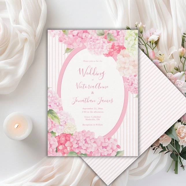 Pink Hydrangea Floral Stripe Wedding Invitation Inbjudningar (Skapare uppladdad)