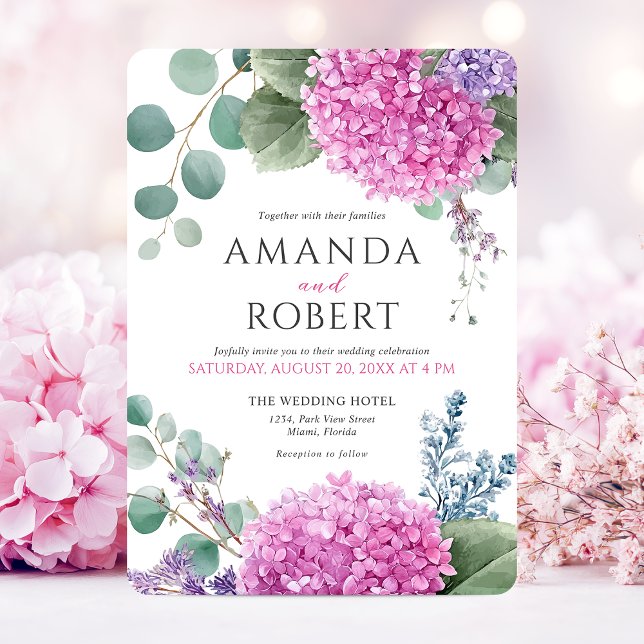 Pink Hydrangea Flowers Watercolor Elegant Wedding Inbjudningar (Pink Hydrangea Flowers Watercolor Elegant Wedding Invitation)