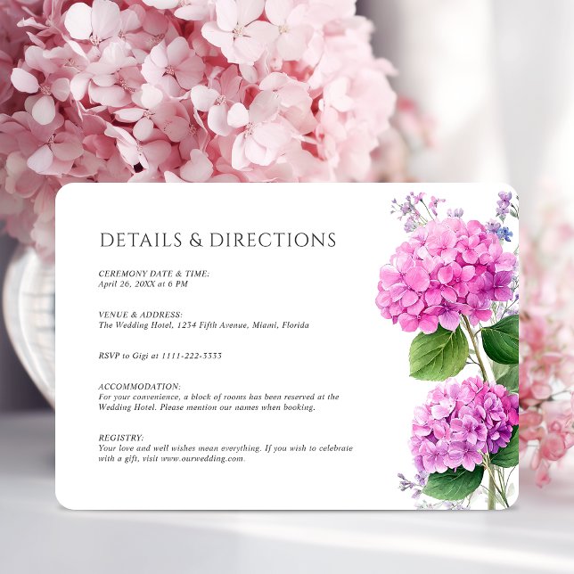 Pink Hydrangea Flowers Watercolor Elegant Wedding Tilläggskort (Pink Hydrangea Flowers Watercolor Elegant Wedding Enclosure Card)