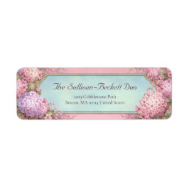 Pink Hydrangea Gold Filigree Sky Blue Returadress Etikett