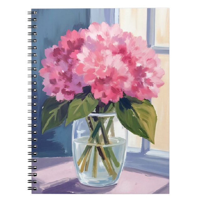 Pink Hydrangea Vase Flower Bouquet Watercolor Anteckningsbok (Framsidan)
