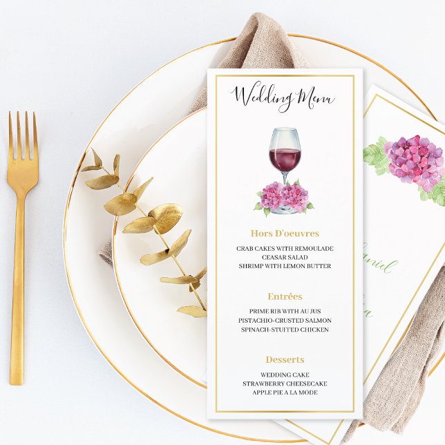 Pink Hydrangeas Wine Glass Wedding Flat Menu Meny (Skapare uppladdad)