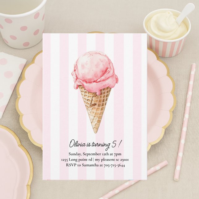 Pink Ice Cream Cone Birthday | Editable Summer Inbjudningar (Skapare uppladdad)