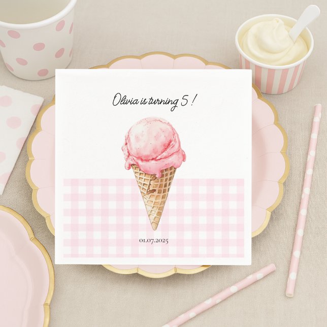 Pink Ice Cream Cone Birthday Napkin | Personalized Pappersservett (Skapare uppladdad)