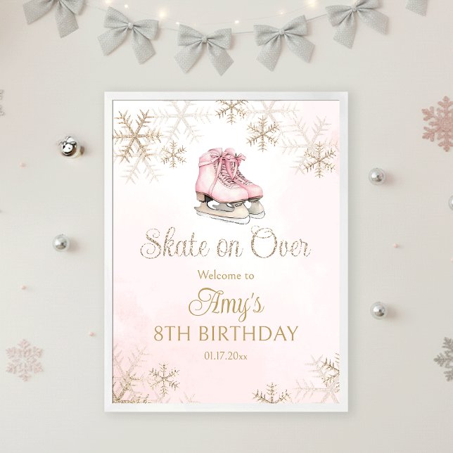 Pink Ice Skating Birthday Gold Snowflakes Welcome Poster (Skapare uppladdad)