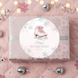 Pink Ice Skating Birthday Silver Glitter Snowflake Runt Klistermärke