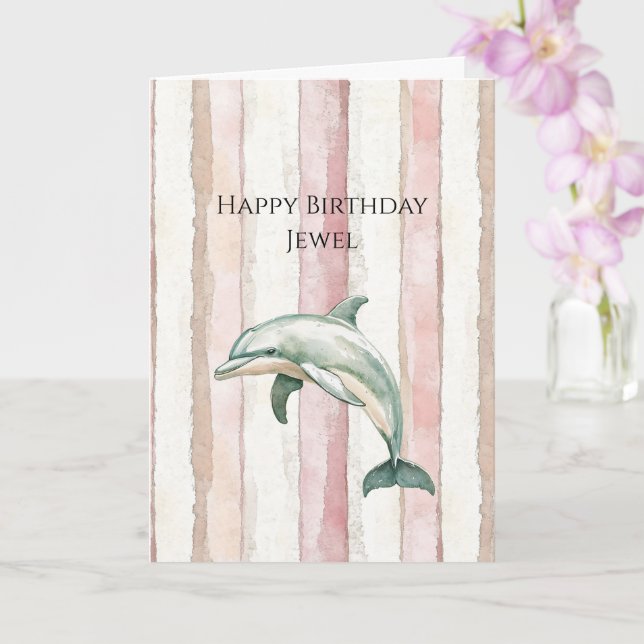 Pink Ivory Cream Stripes Dolphin Birthday Kort (Orkide)
