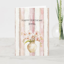Pink Ivory Cream Stripes Pink Orchids Birthday Kort