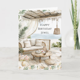 Pink Ivory Cream Stripes Pink Orchids Birthday Kort