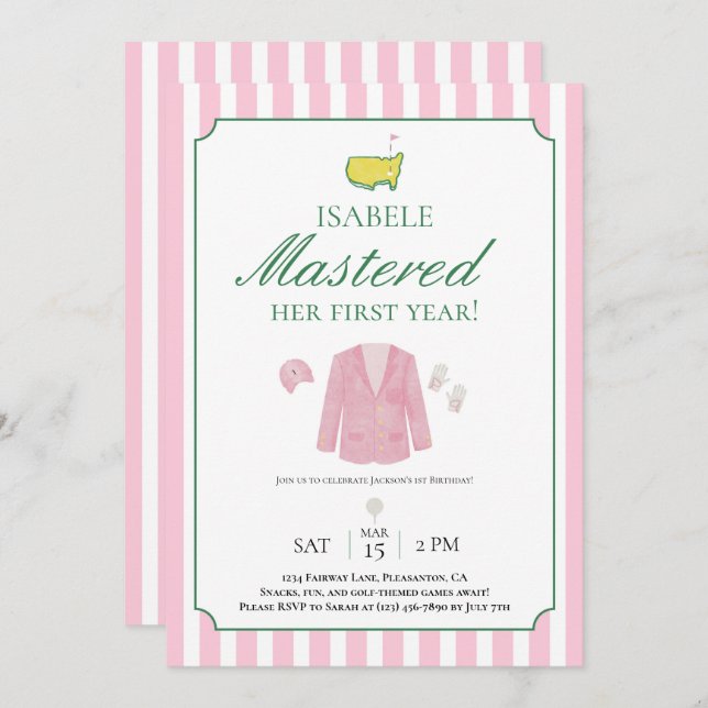Pink Jacket Golf First Birthday Invitation Tack Kort (Fram/baksida)