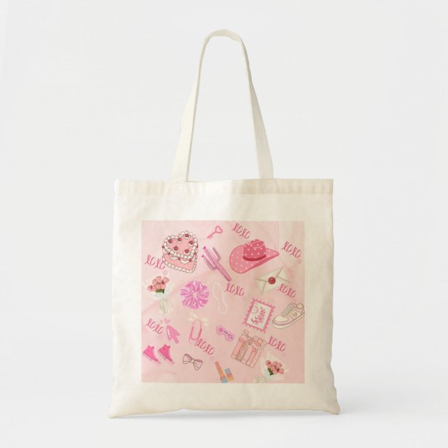 Pink Kawaii girly Tote Bag. Tygkasse (Framsidan)