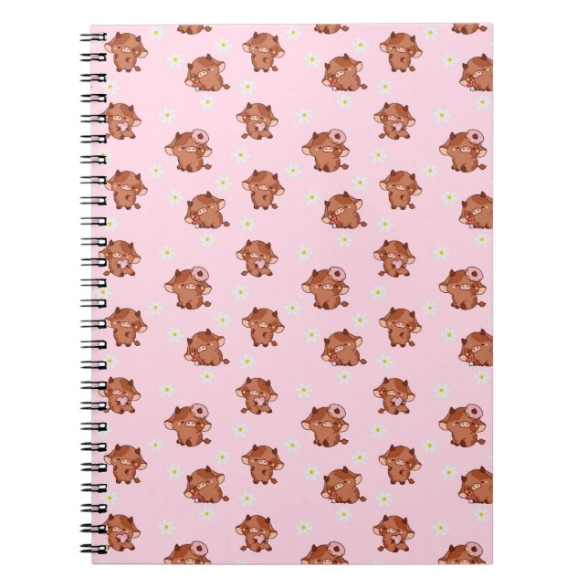 Pink Kawaii Highland Cows Seamless Pattern Anteckningsbok (Framsidan)