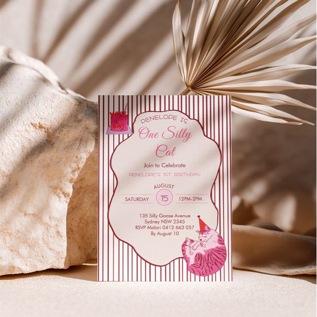 Pink Kitty Party One Silly Cat 1st Birthday Inbjudningar (Skapare uppladdad)