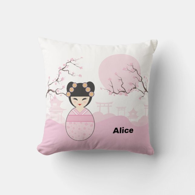 Pink Kokeshi Doll Typical Japanese Landscape Kudde (Framsida)