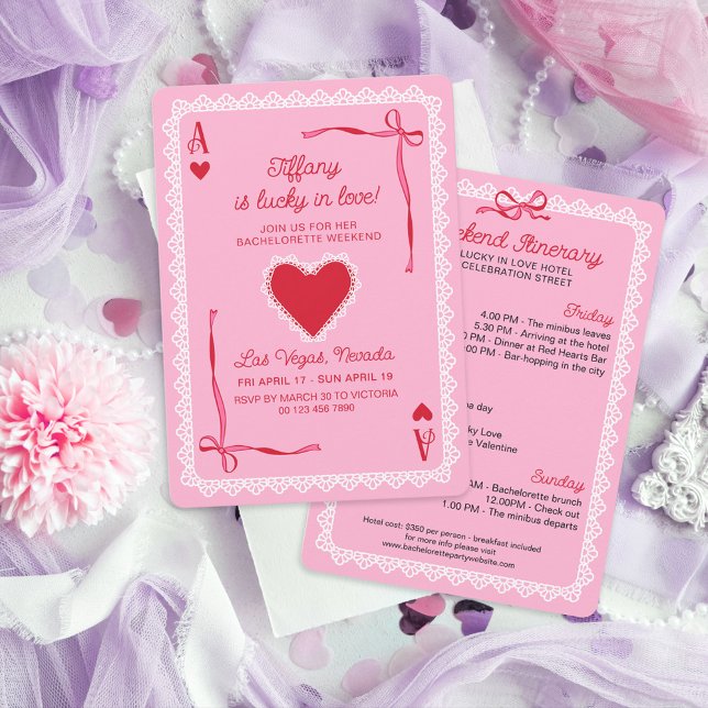 Pink Lace Ace of Hearts Lucky in Love Bachelorette Inbjudningar (Skapare uppladdad)