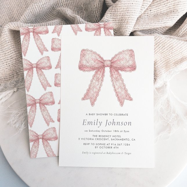 Pink Lace Bow Girl Coquette Baby Shower Invitation Inbjudningar (Skapare uppladdad)